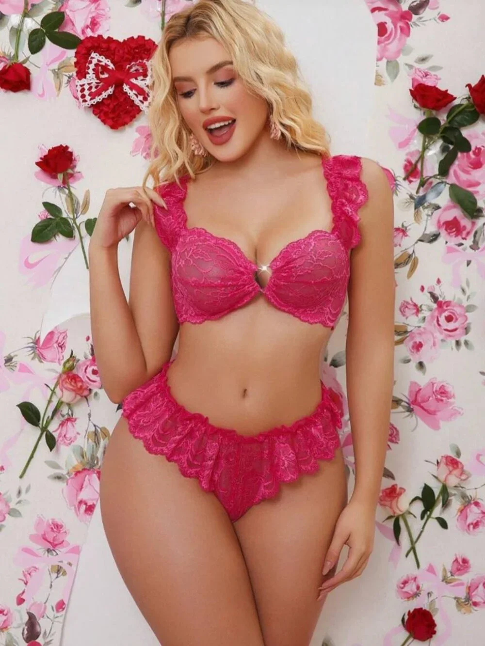 Sexy Shein Floral Lace Heart Ruffle Bralette & Panty Set Pink